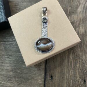 Elegant hammered Sterling Silver and Brown stone Pendant w small rhinestone. 3”